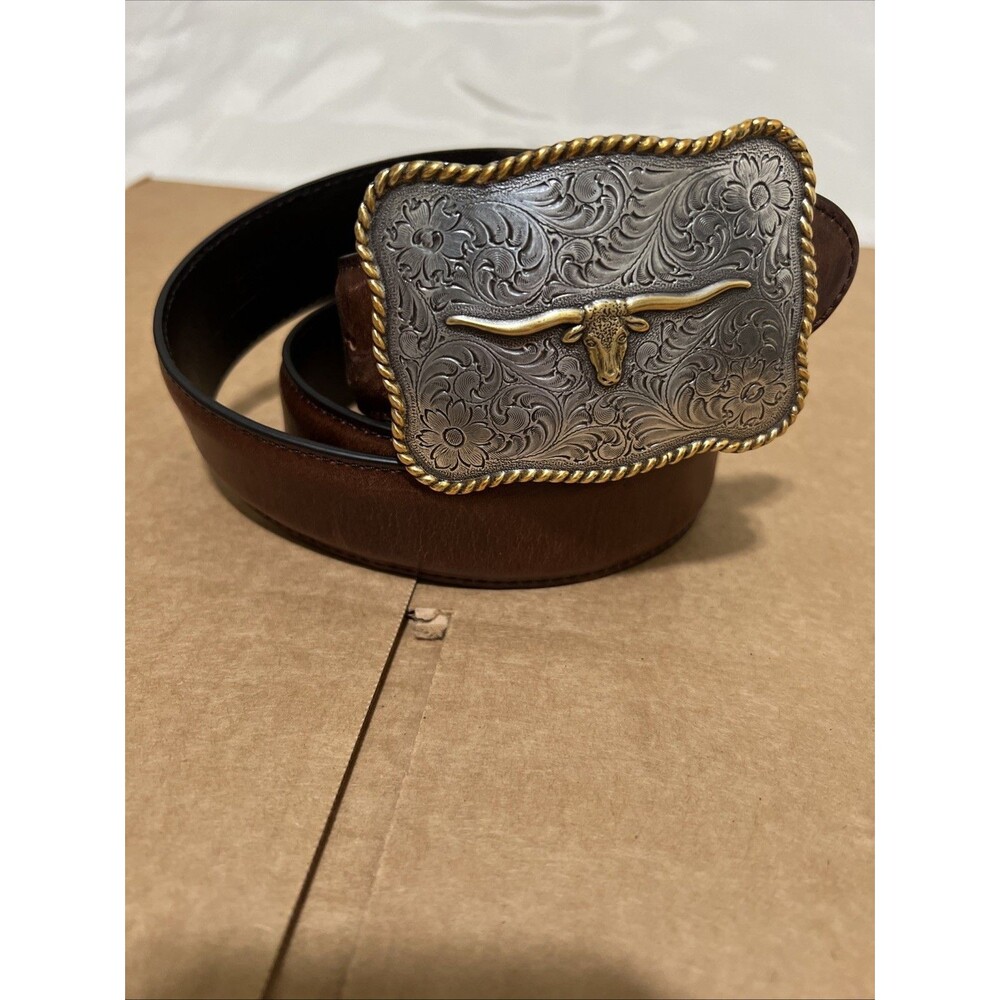 Cody James Leather Western Belt Men’s 38 Brown Cowboy Longhorns Buckle Rodeo